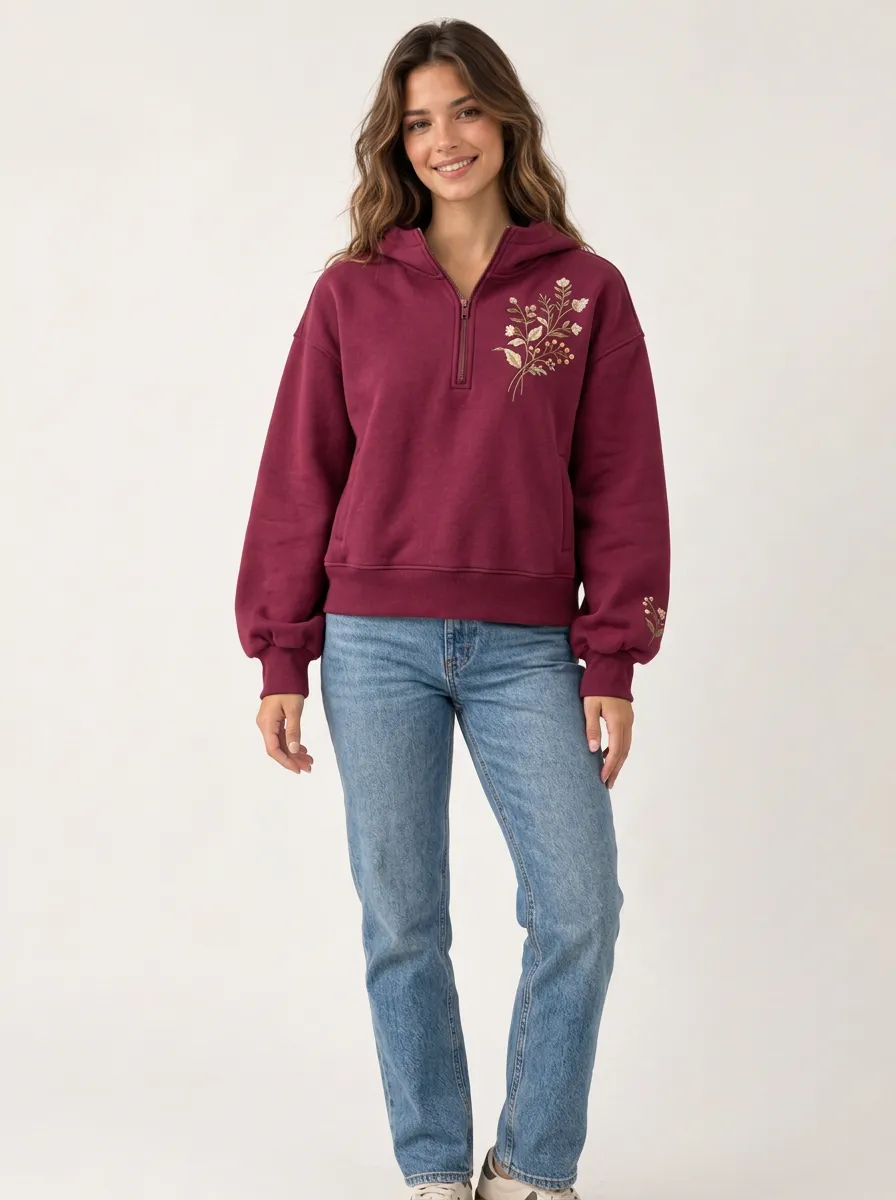 Women's Floral Embroidered Quarter Zip Nature Inspired Simple Casual Hoodie
