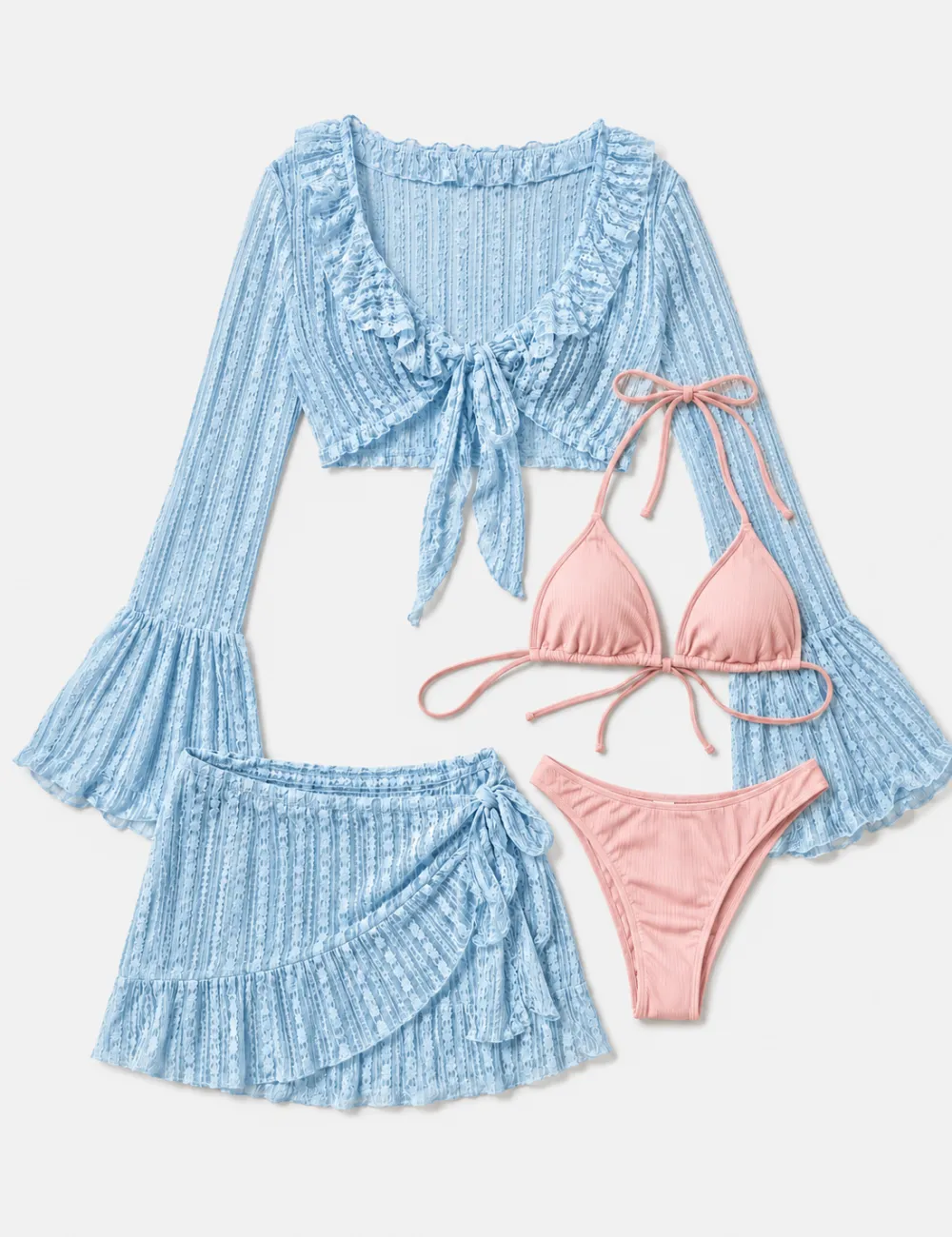 Solid Color Triangle Bikini Four Piece Set with Cover Up and Mini Skirt