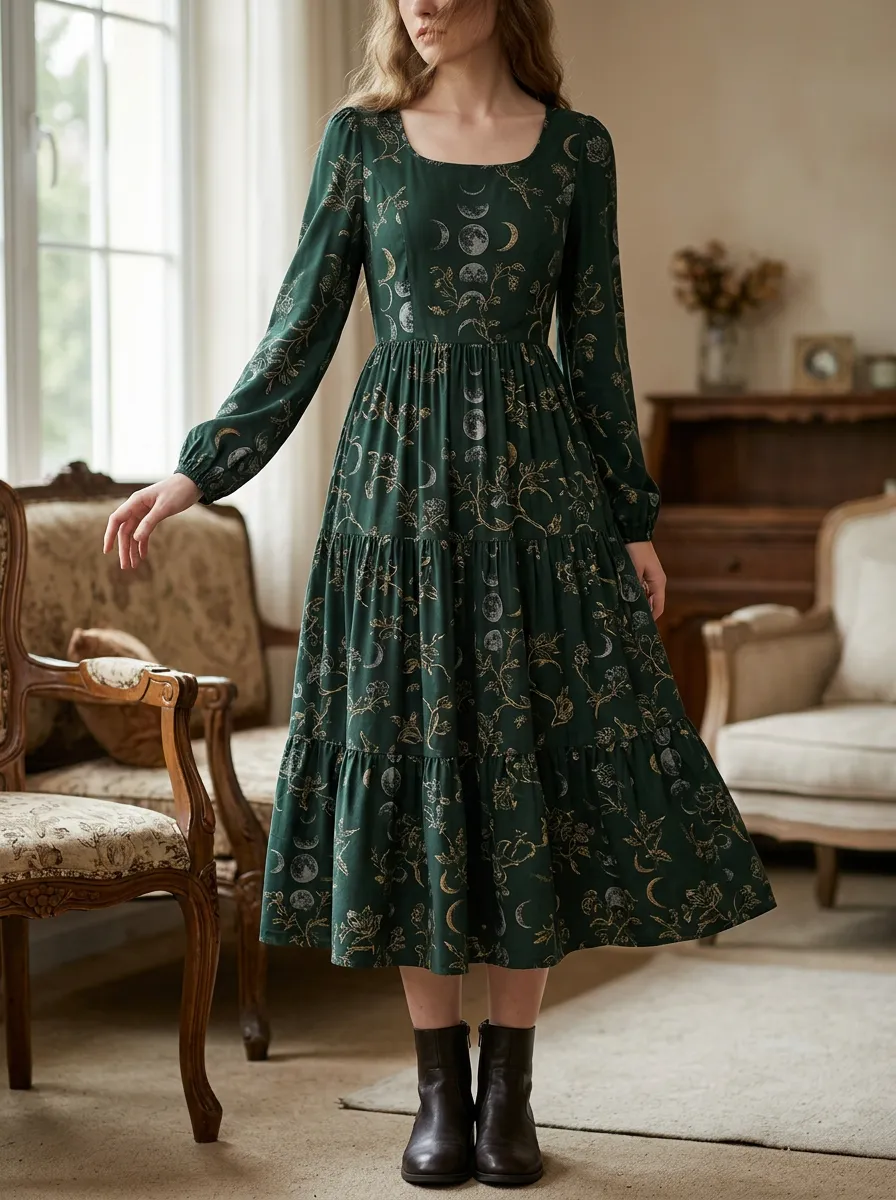 Women's Halloween Witchy Moon Phase Floral Square Neck Midi Dress