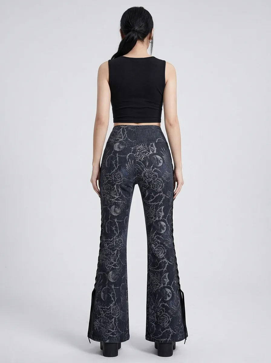 Alternative Skull Rose Moon Gothic Edit Women's Gothic Flare Pants