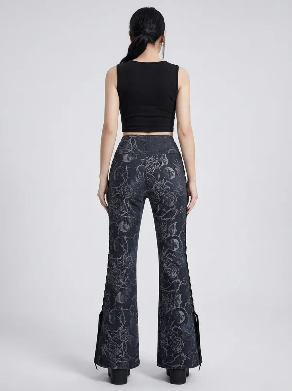 Alternative Skull Rose Moon Gothic Edit Women's Gothic Flare Pants