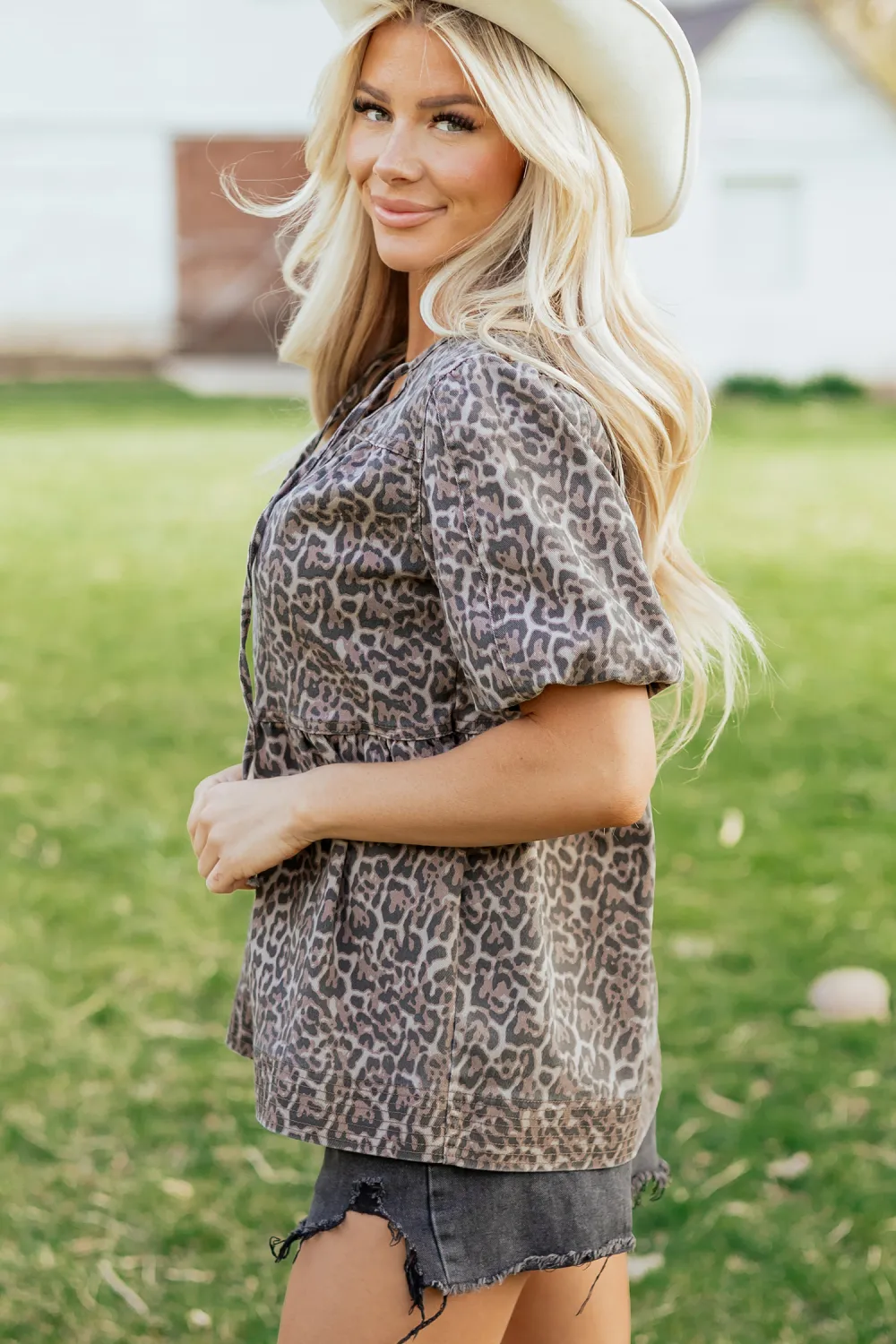 Brown Leopard Tie Neck Short Sleeve Top