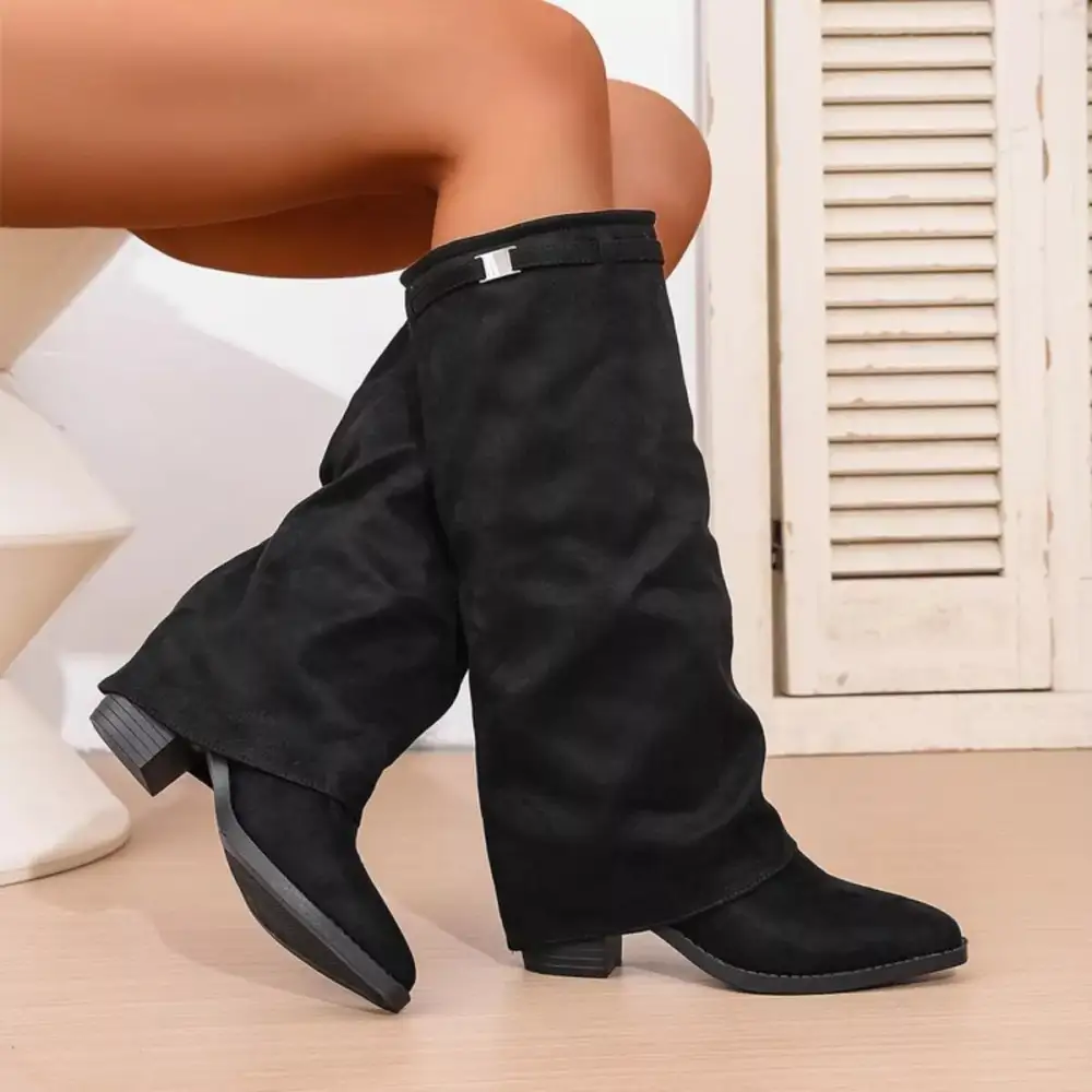 Textured Pointed Toe Block Heel Boots