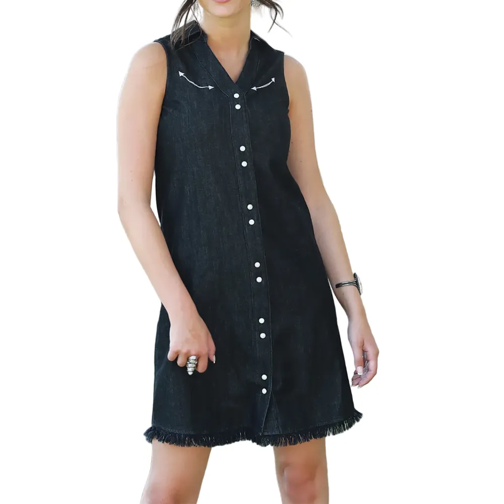 Embroidered Sleeveless Snap Front Casual Dress
