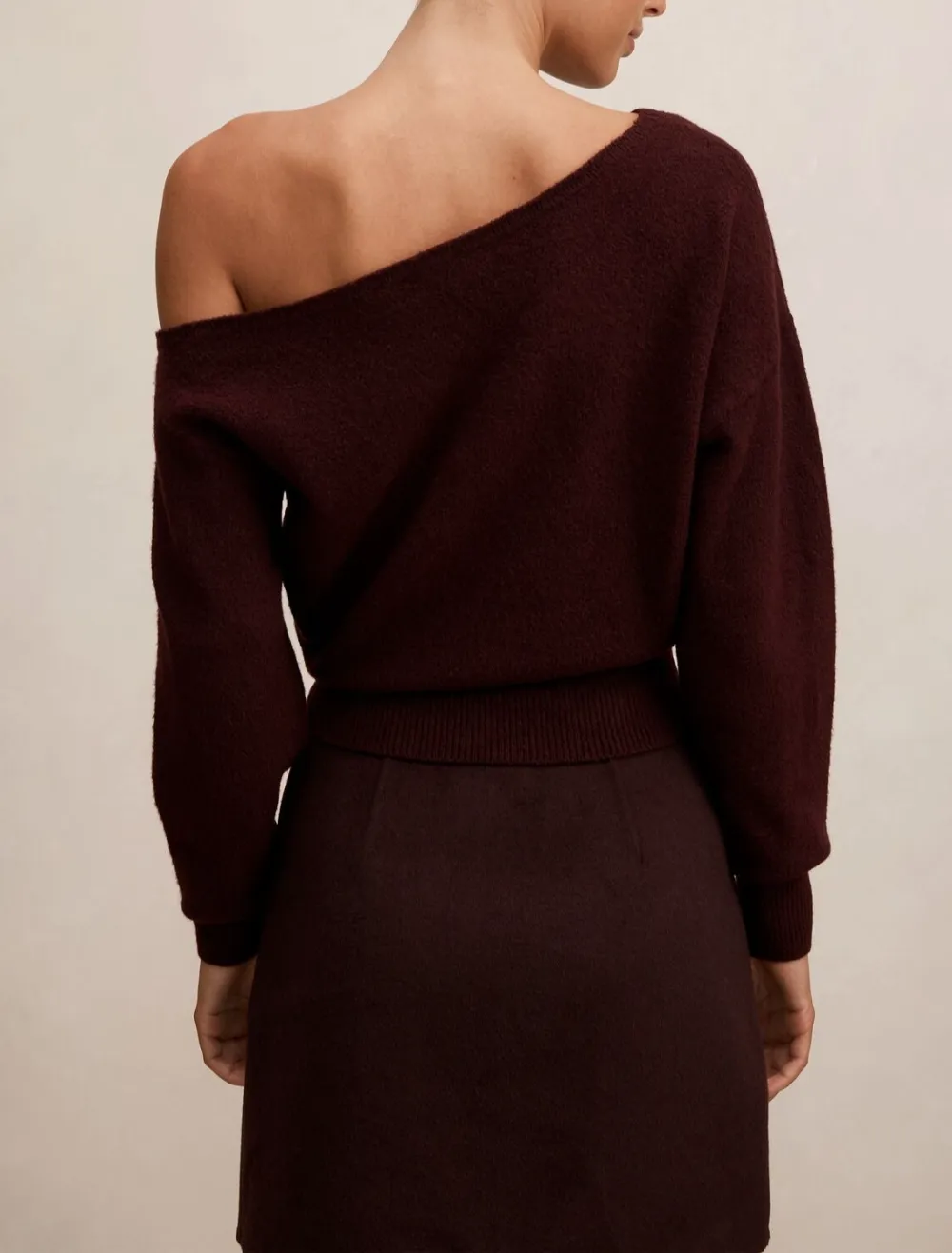 Burgundy Off-Shoulder Asymmetric Knit Sweater