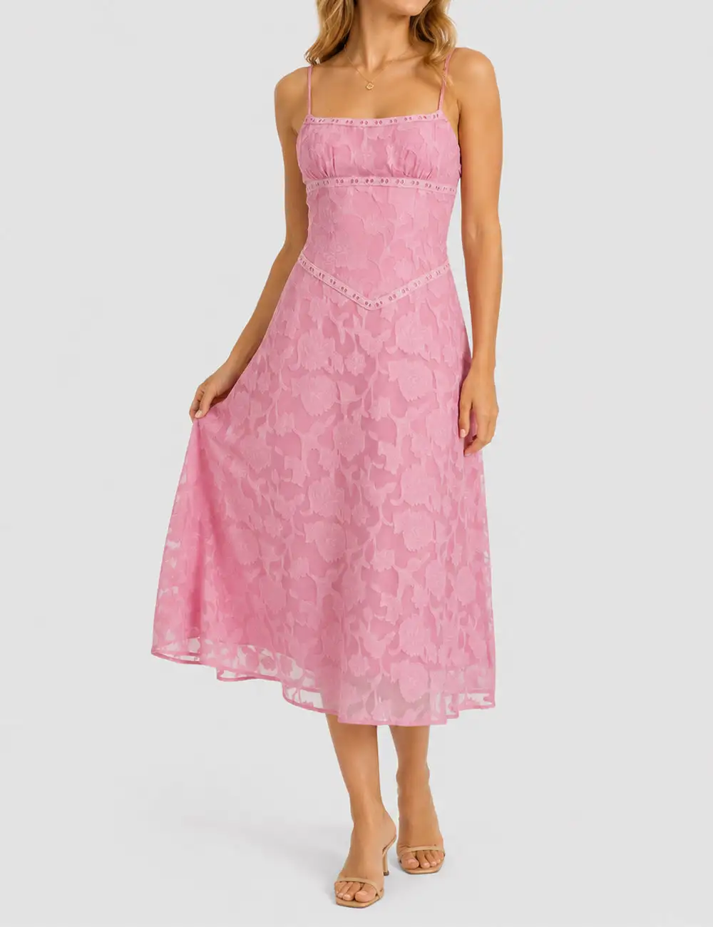 Elegant Lace Square Neck Cami Midi Dress
