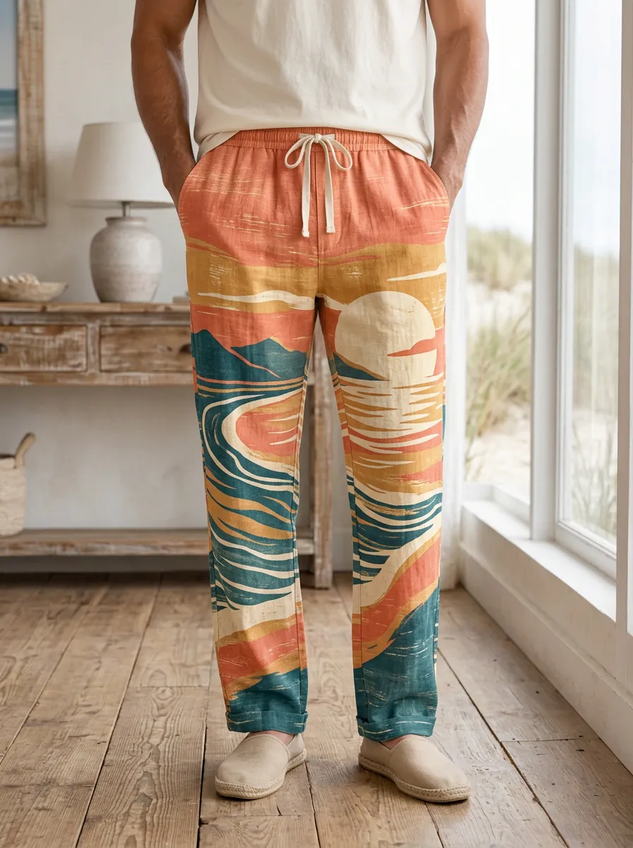 Men's Straight-Leg Landscape Print Drawstring Trousers