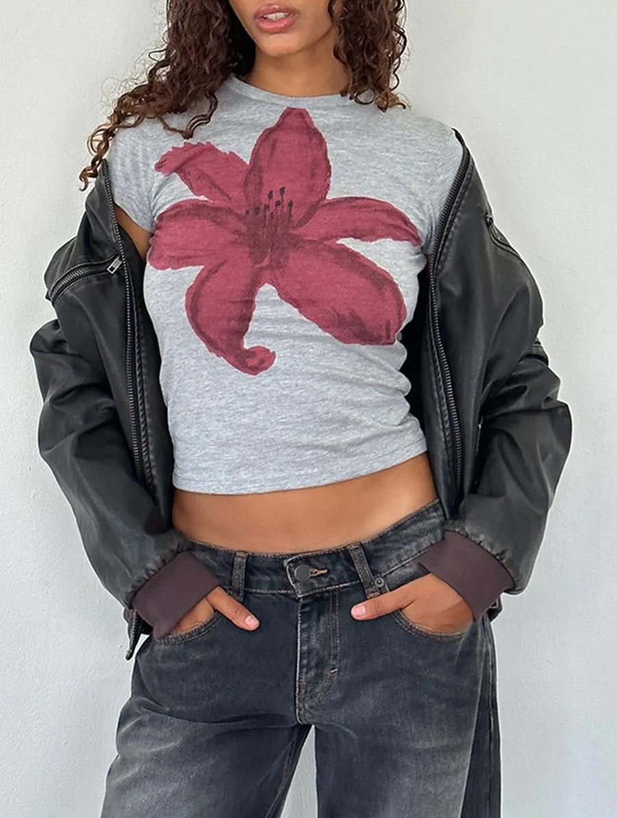 Grey Marl Painted Flower Graphic Tee