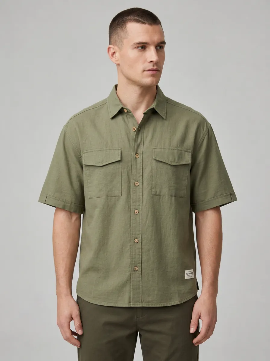 Men's Casual Olive Green Linen Blend Button-Down Short Sleeve Shirt