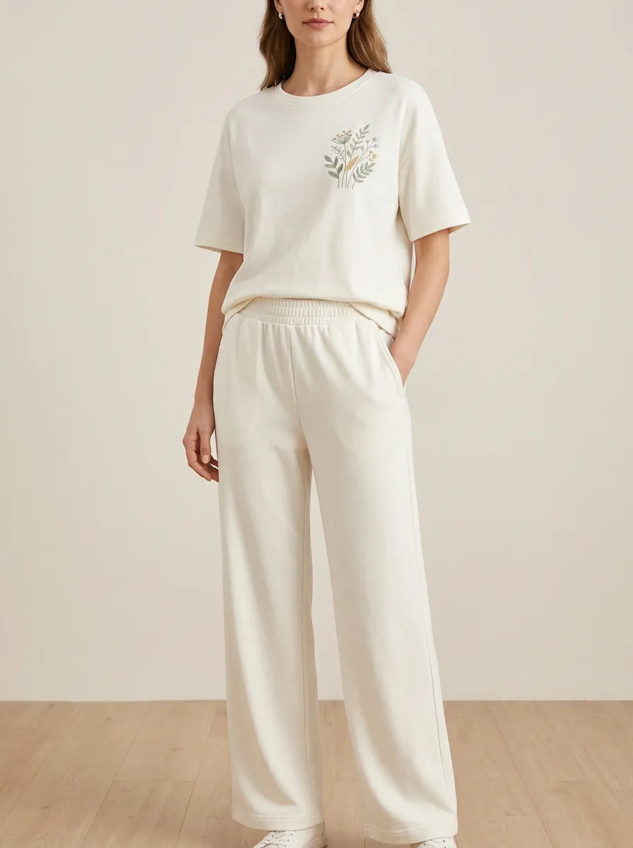 Women's Botanical Embroidered T-Shirt Elastic-Waist Lounge Set