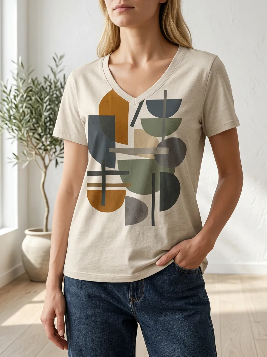 Women's Linear Abstract Geometric Art V-Neck T-Shirt