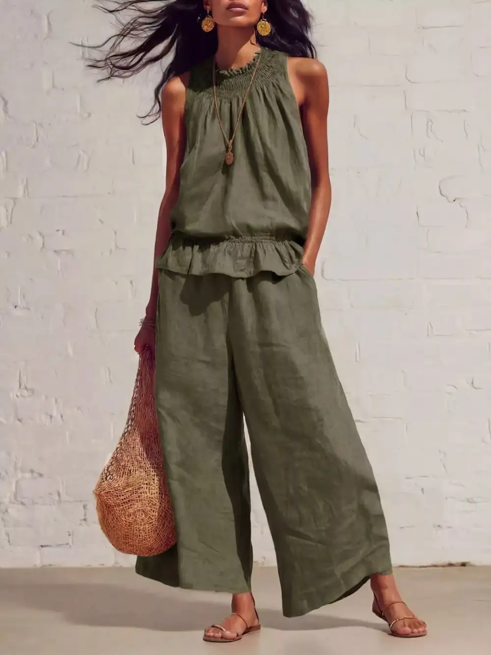 Smocked Ruffled Hem Top and Wide Leg Pants Set