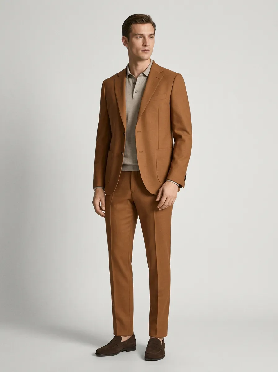 Men's Business Casual Tan Solid Color Tailored Suit Set