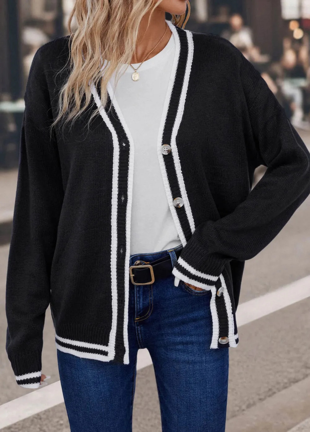 Black Button Long Sleeve V Neck Coat