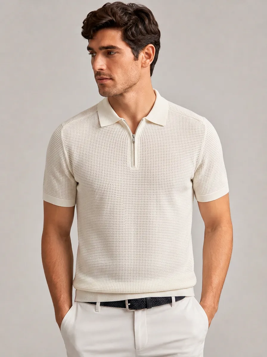 Men's Classic Equestrian Lover Textured Zip-up Polo Shirt