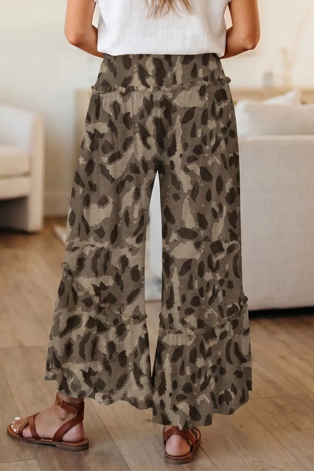 Classic Camo Print Wide Leg Casual Trousers