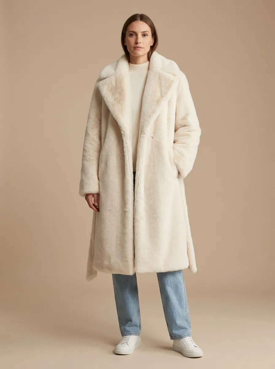Notched Lapel Faux Fur Long Coat