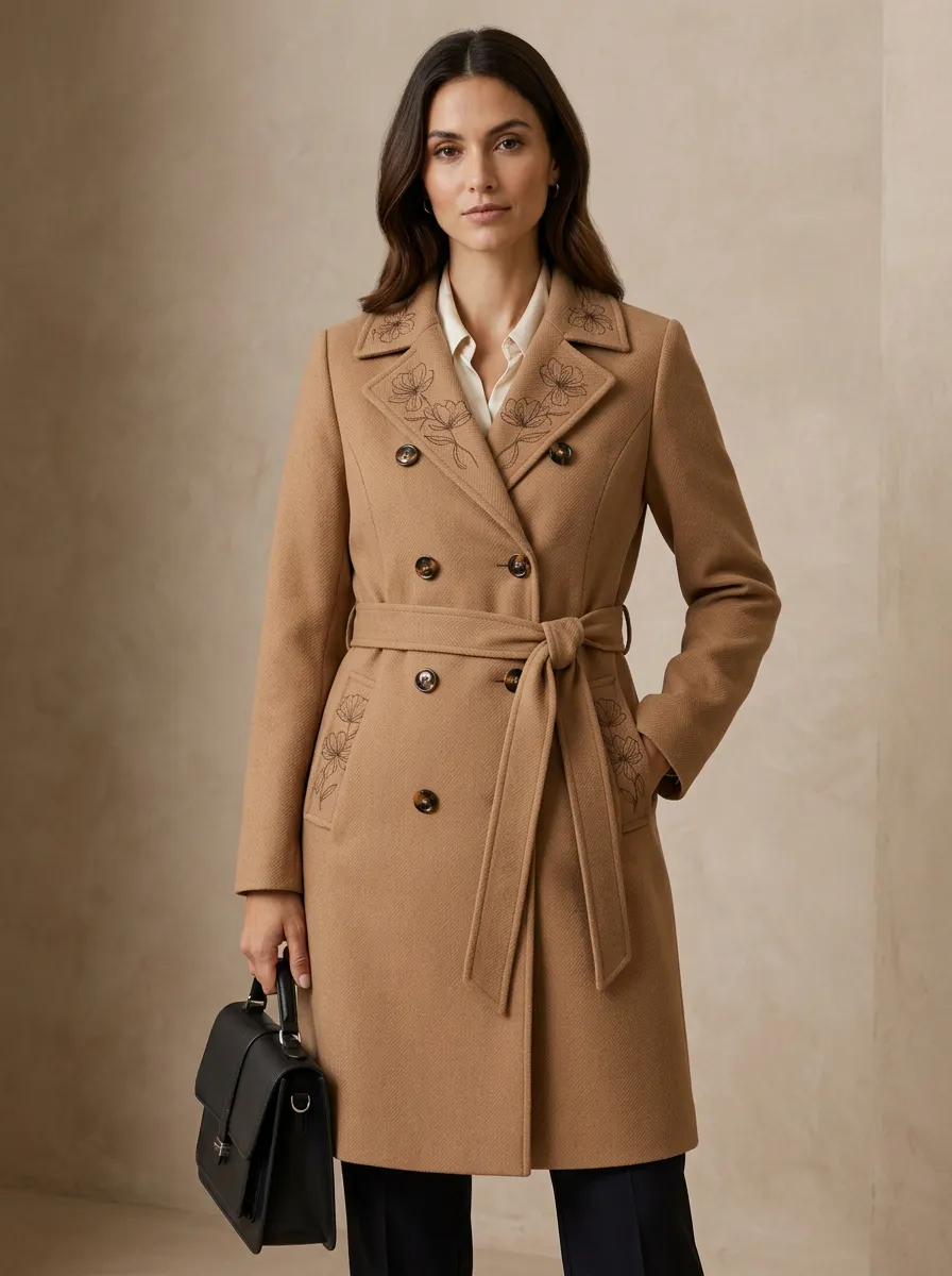 Women's Floral Embroidered Camel Trench Coat