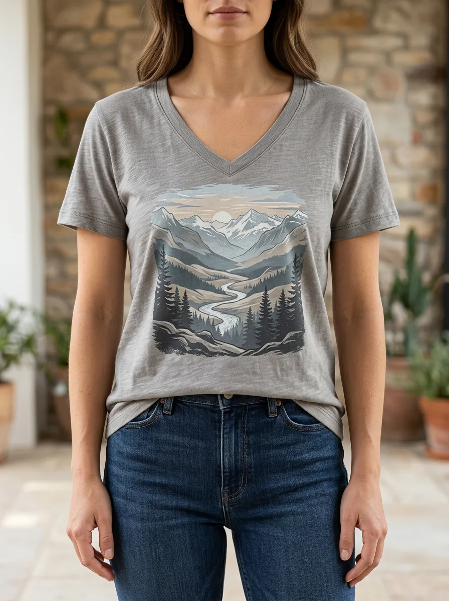 Women's Lakeside Nature Lover Mountain River Forest V-Neck T-Shirt