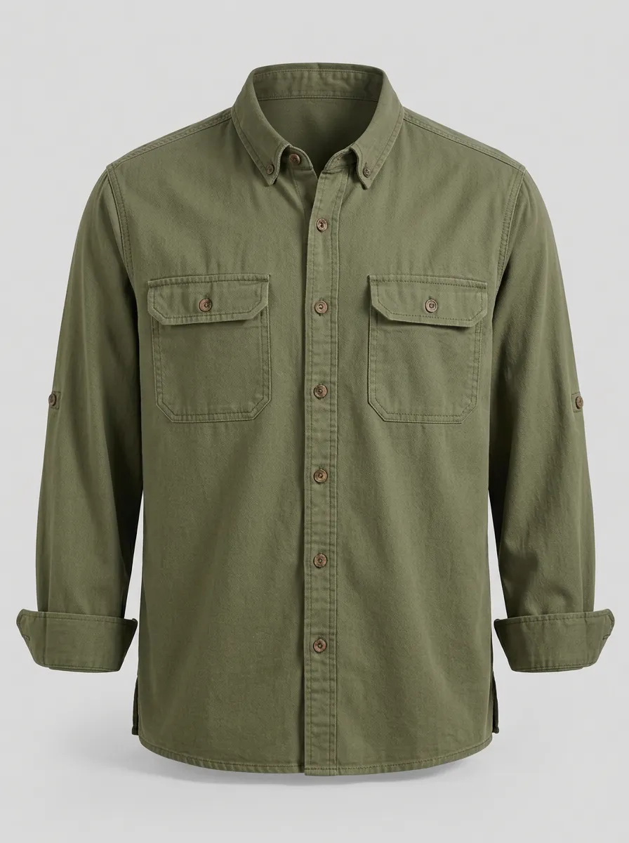 Men's Olive Green Tactical Button Down Long Sleeve Shirt