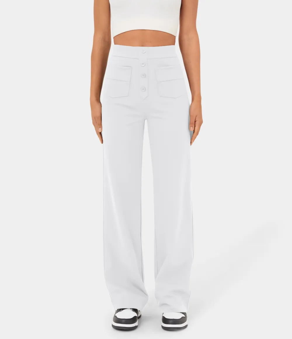 High Waisted Button Multiple Pockets Straight Leg Casual Pants