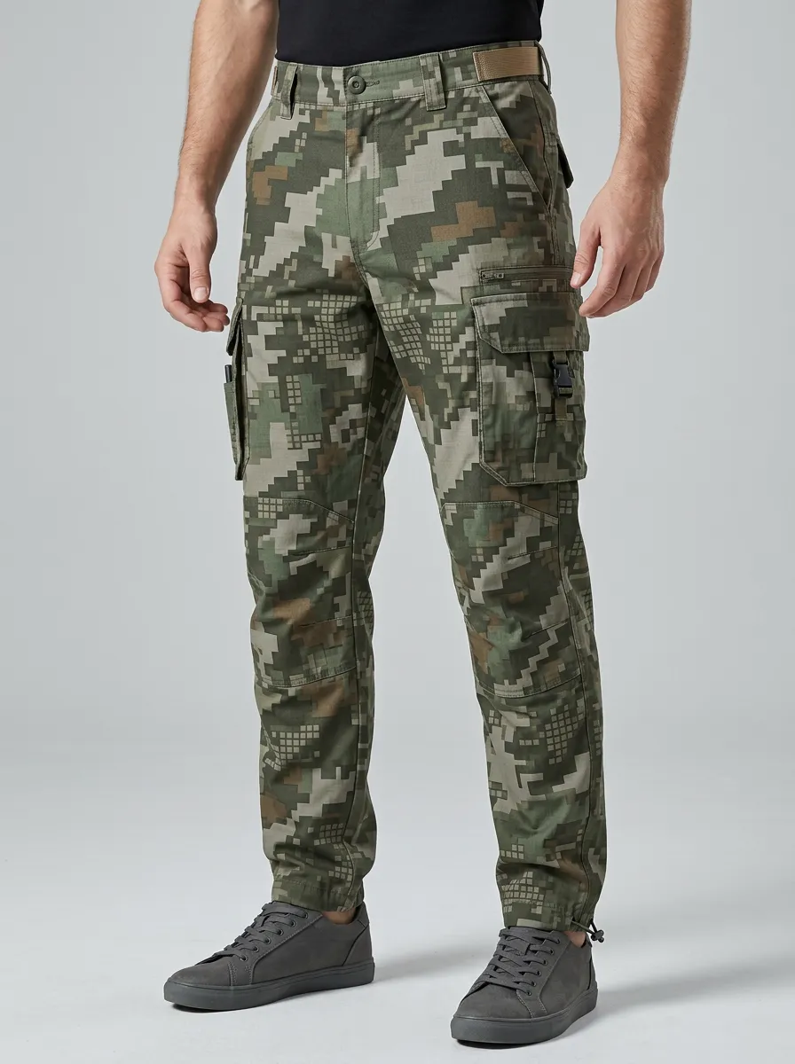 Men's Digital Camo Buckle-Pocket Adjustable-Hem Cargo Pants