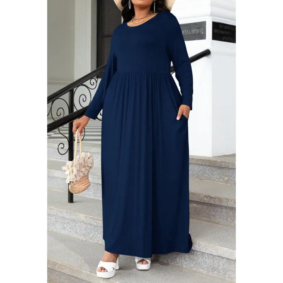 Plus Size Round Neck Long Sleeve Maxi Dress with Pockets