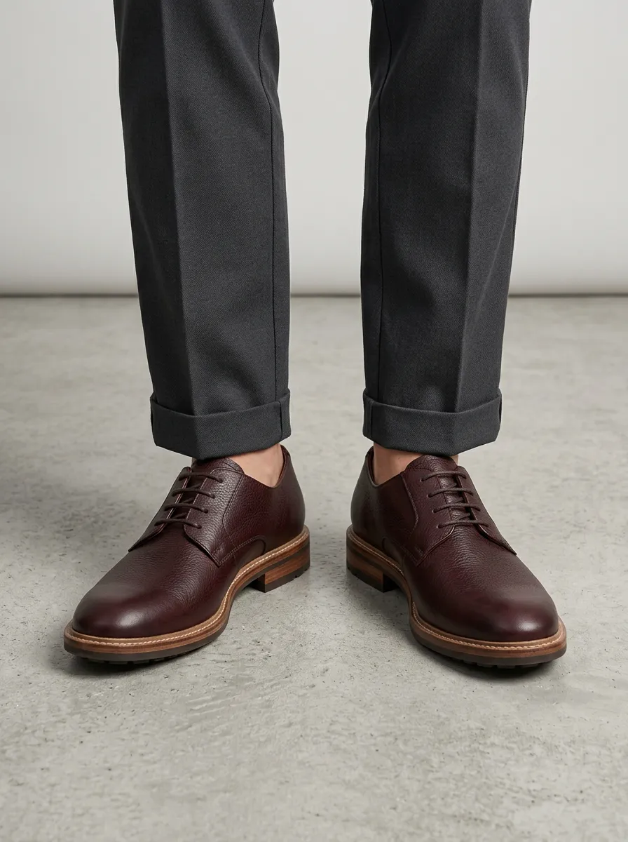 Men's Classic Business Burgundy Pebble Grain Leather Oxford Shoes