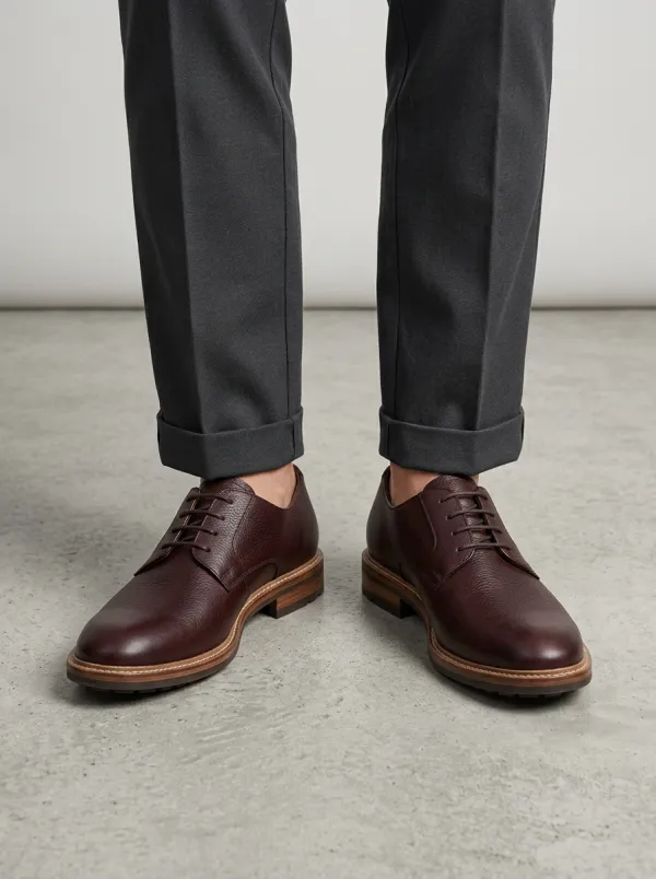 Men's Classic Business Burgundy Pebble Grain Leather Oxford Shoes