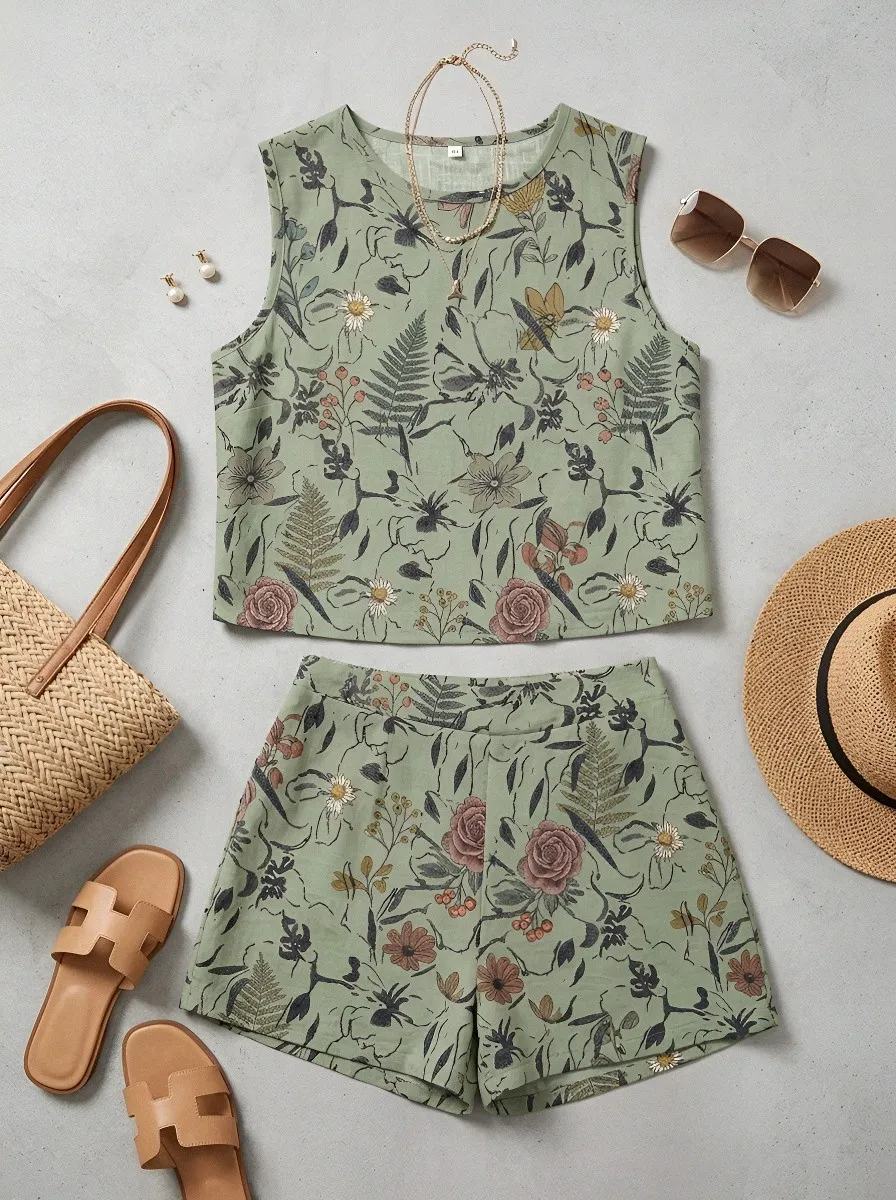 Women's Botanical Floral Sage Green Printed Sleeveless Set