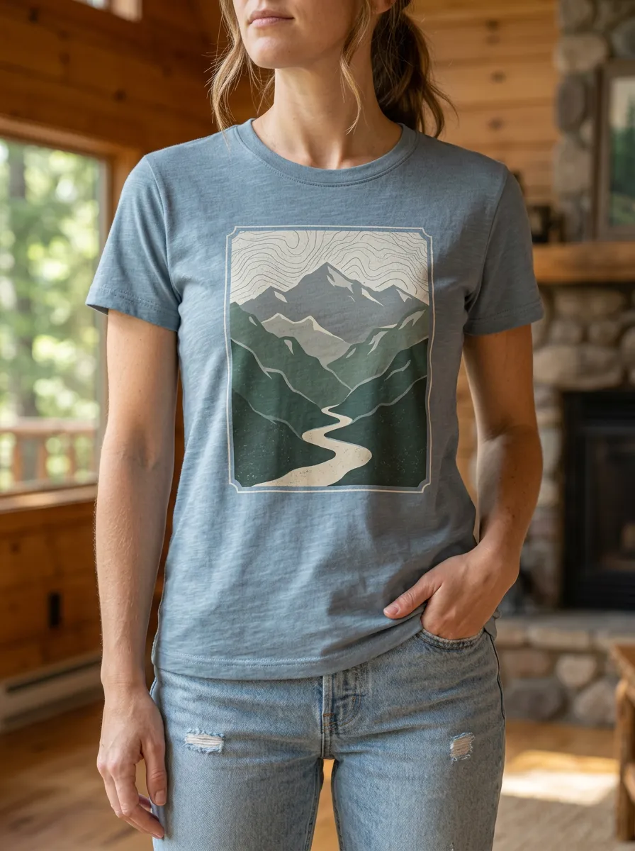 Women's Wilderness Nature Hiking Lover Mountain River Crew Neck T-Shirt