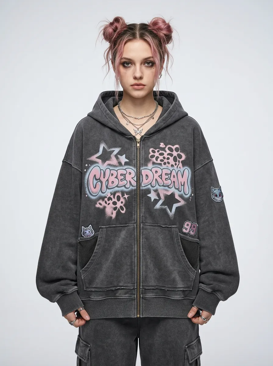 Women's Y2K Streetwear Cyber Dream Star Graphic Printed Zip-up Hoodie