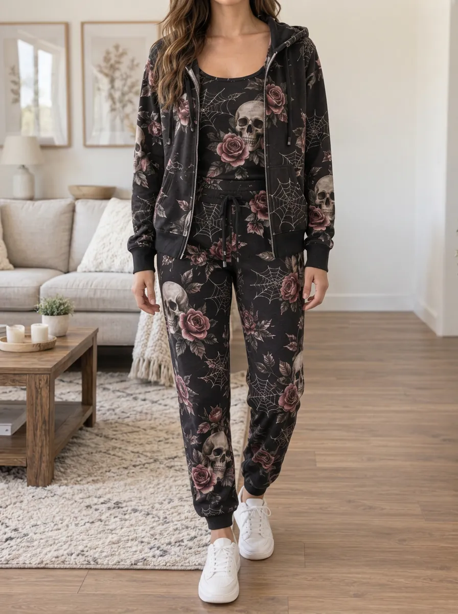 Women's Halloween Gothic Skull Rose Spiderweb Casual Jogger Set