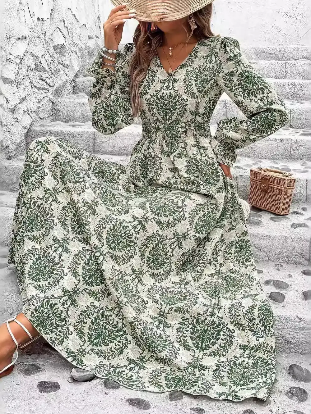 Boho Floral V-Neck Long-Sleeve Smocked Waist Swing Maxi Casual Dress