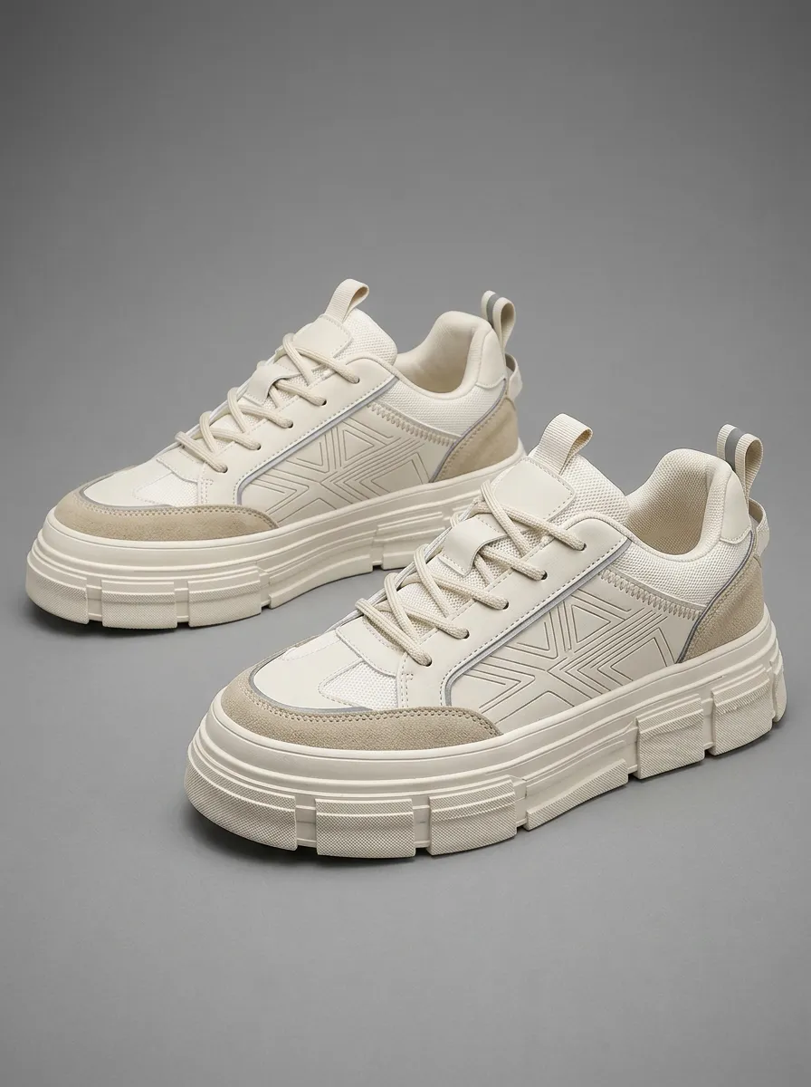 Men's Beige Geometric Pattern Chunky Sole Printed Sneakers
