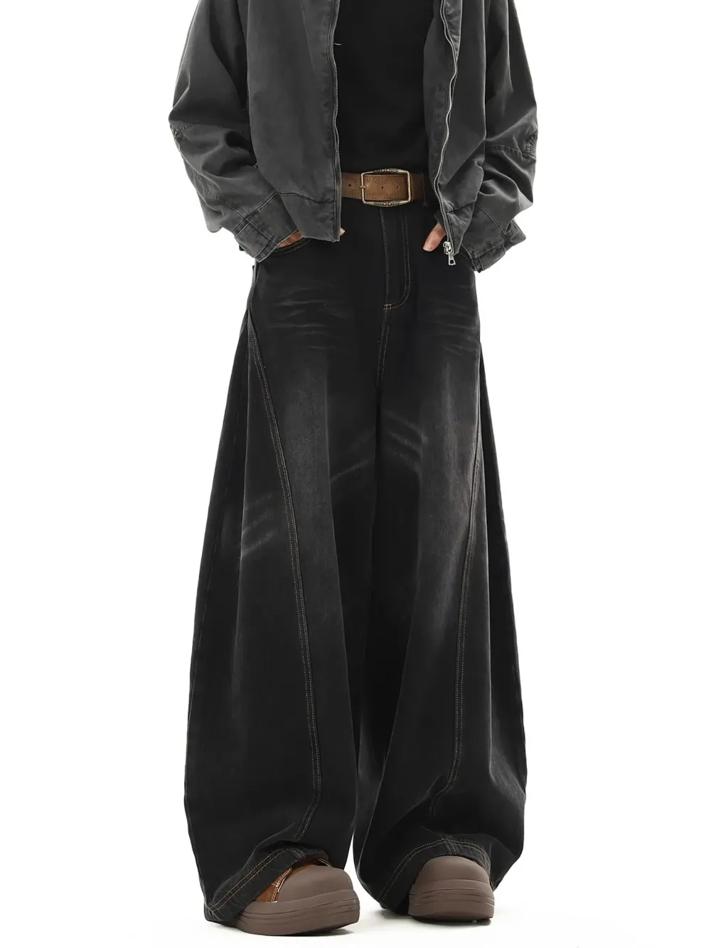 Vintage Whisker Wash Curved-Leg Denim Pants