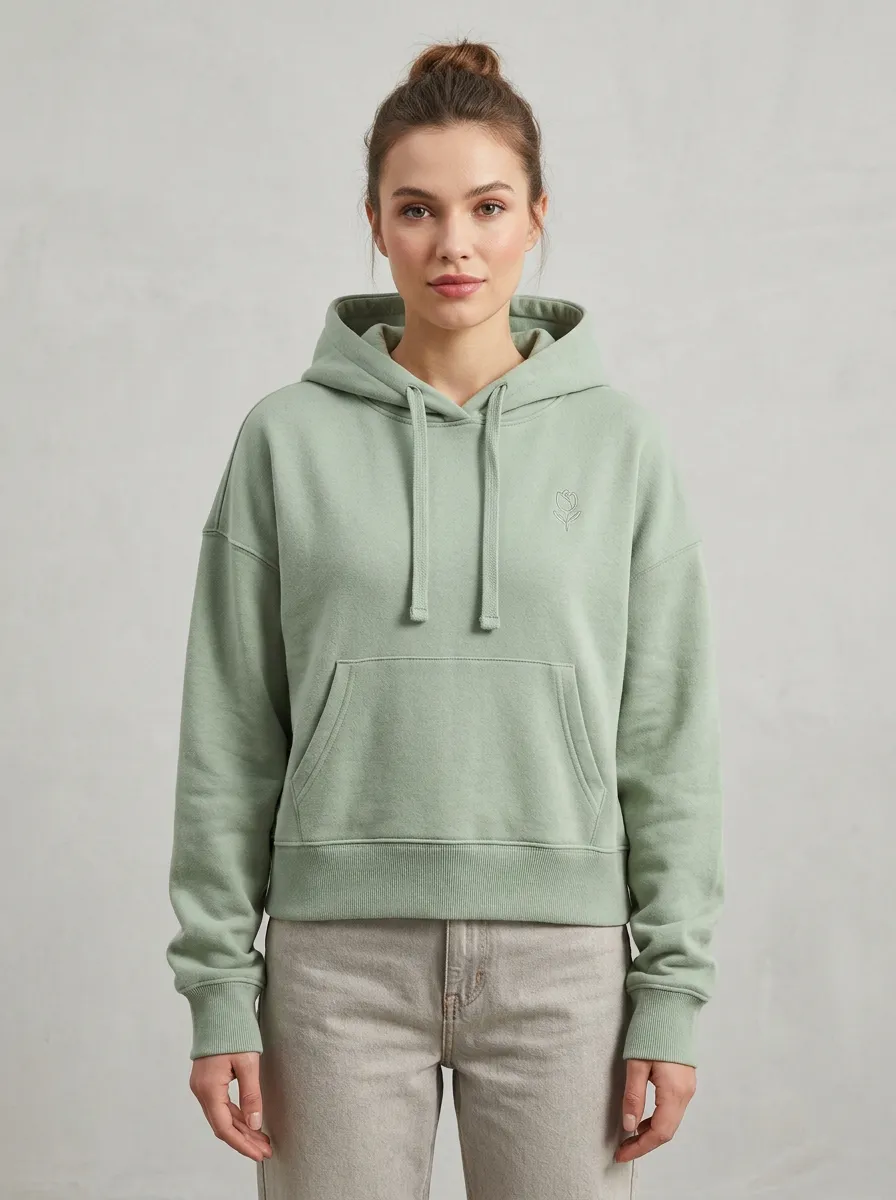 Women's Minimalist Floral Tulip Embroidered Sage Green Hoodie