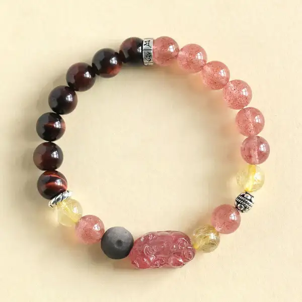 Strawberry Quartz And Obsidian Pixiu Love Hand Bracelet