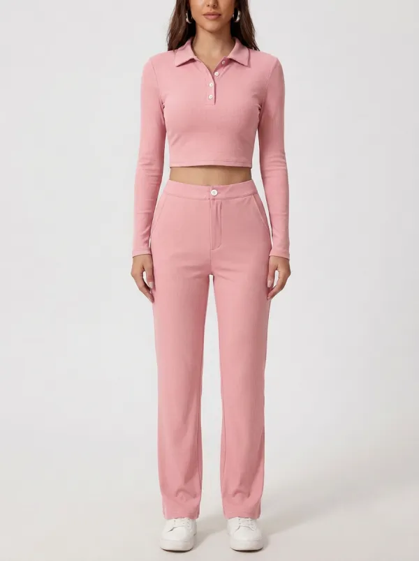 Women's Ribbed Polo Crop Top and High-Rise Straight-Leg Trouser Set