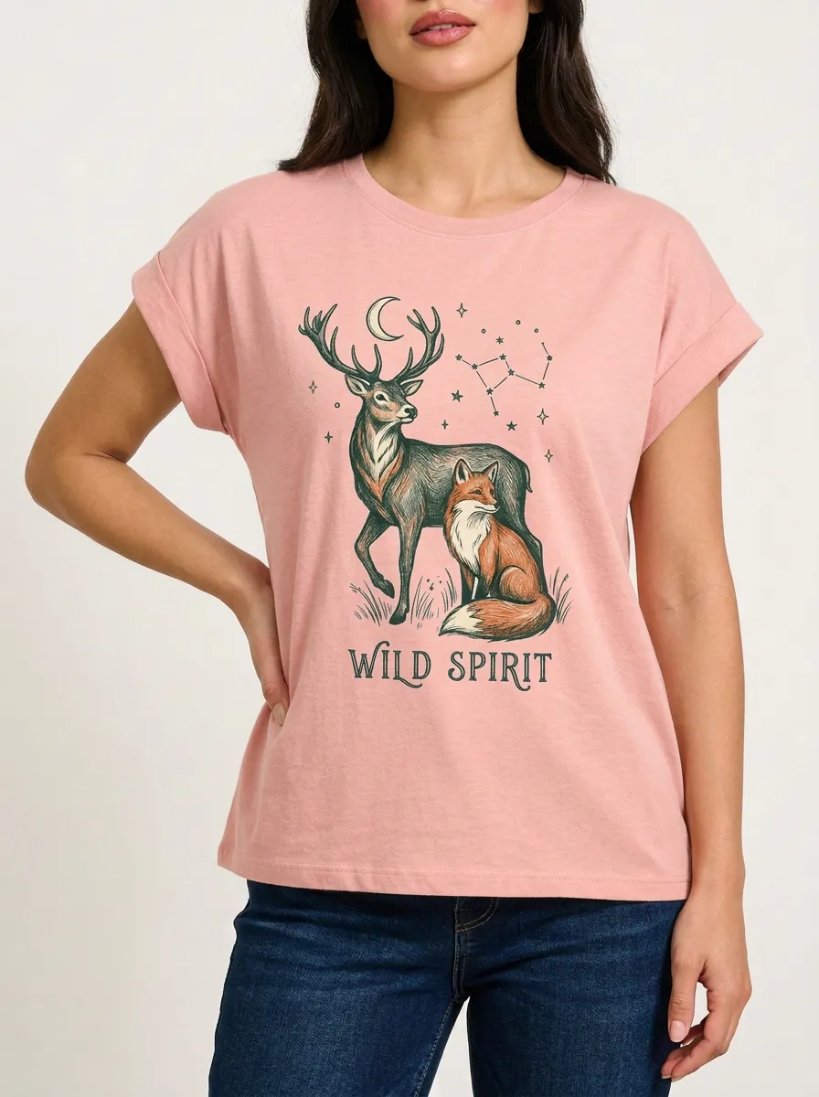 Women's Nature Wild Spirit Deer Fox Constellation Graphic T-Shirt