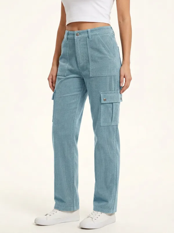 Women's High-Rise Flap-Pocket Cargo Straight-Leg Corduroy Pants
