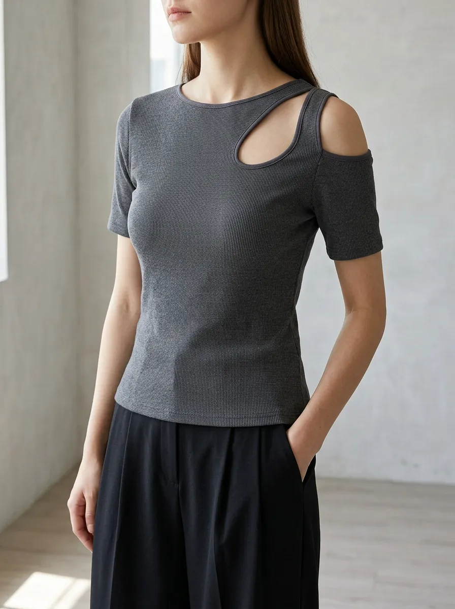 Women's Casual Minimalist Cut-out Shoulder Ribbed Top