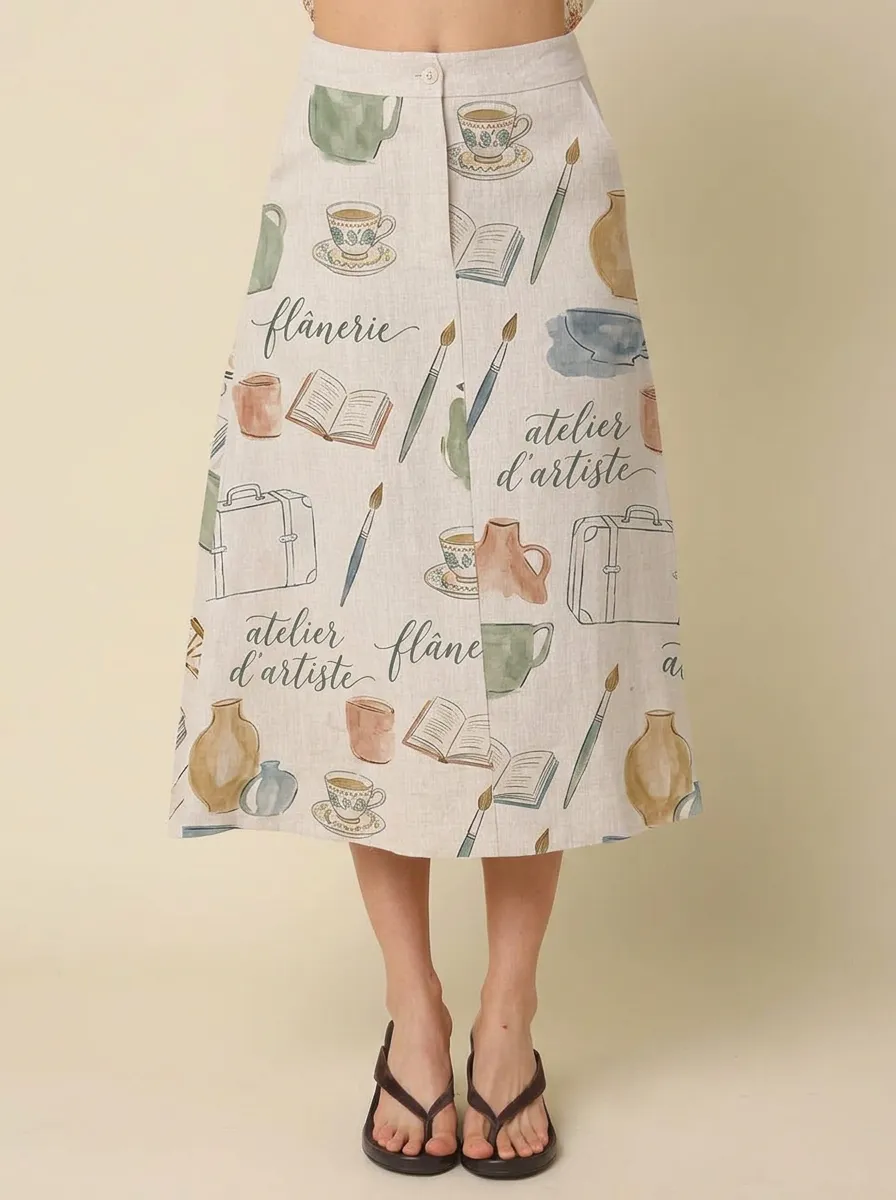 Women's Artist Studio Theme Coffee Book Paintbrush Printed Midi Skirt
