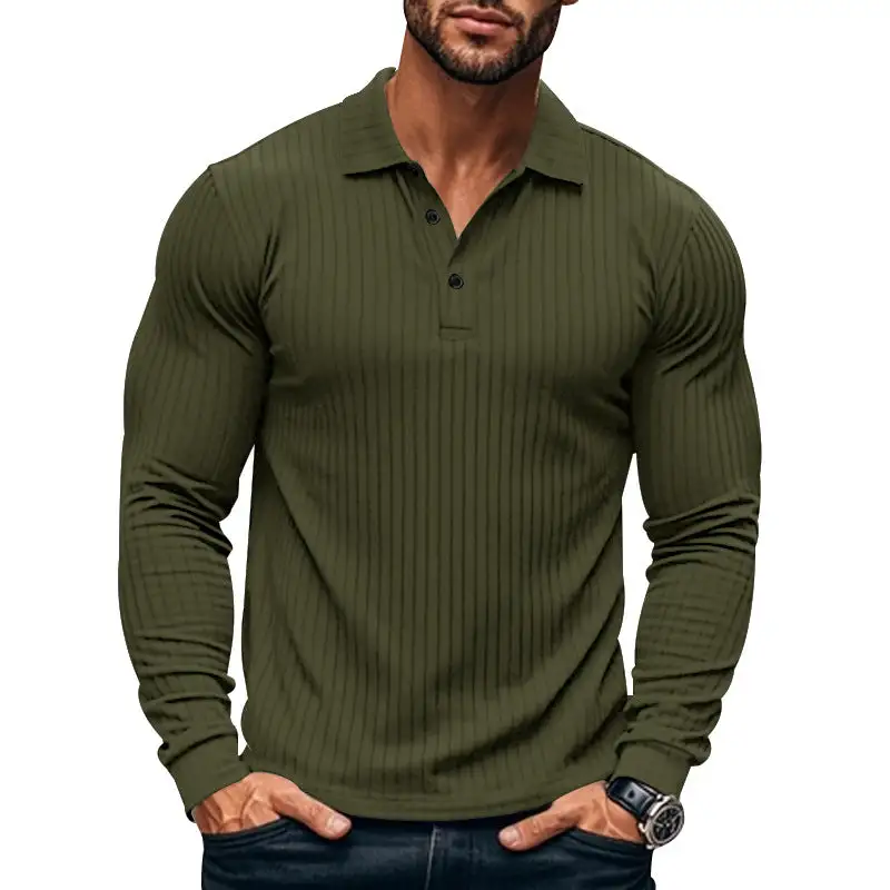 Ribbed Button Placket Spread Collar Polo Shirt