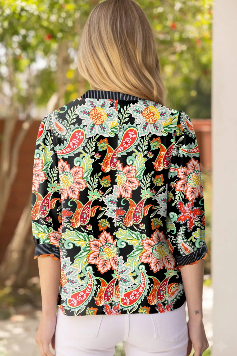 Women's Floral Print Striped Ricrac Trim Top
