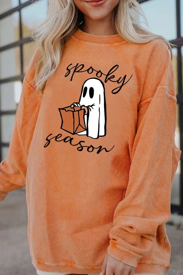 Spooky Season Ghost Print Ribbed Sweatshirt