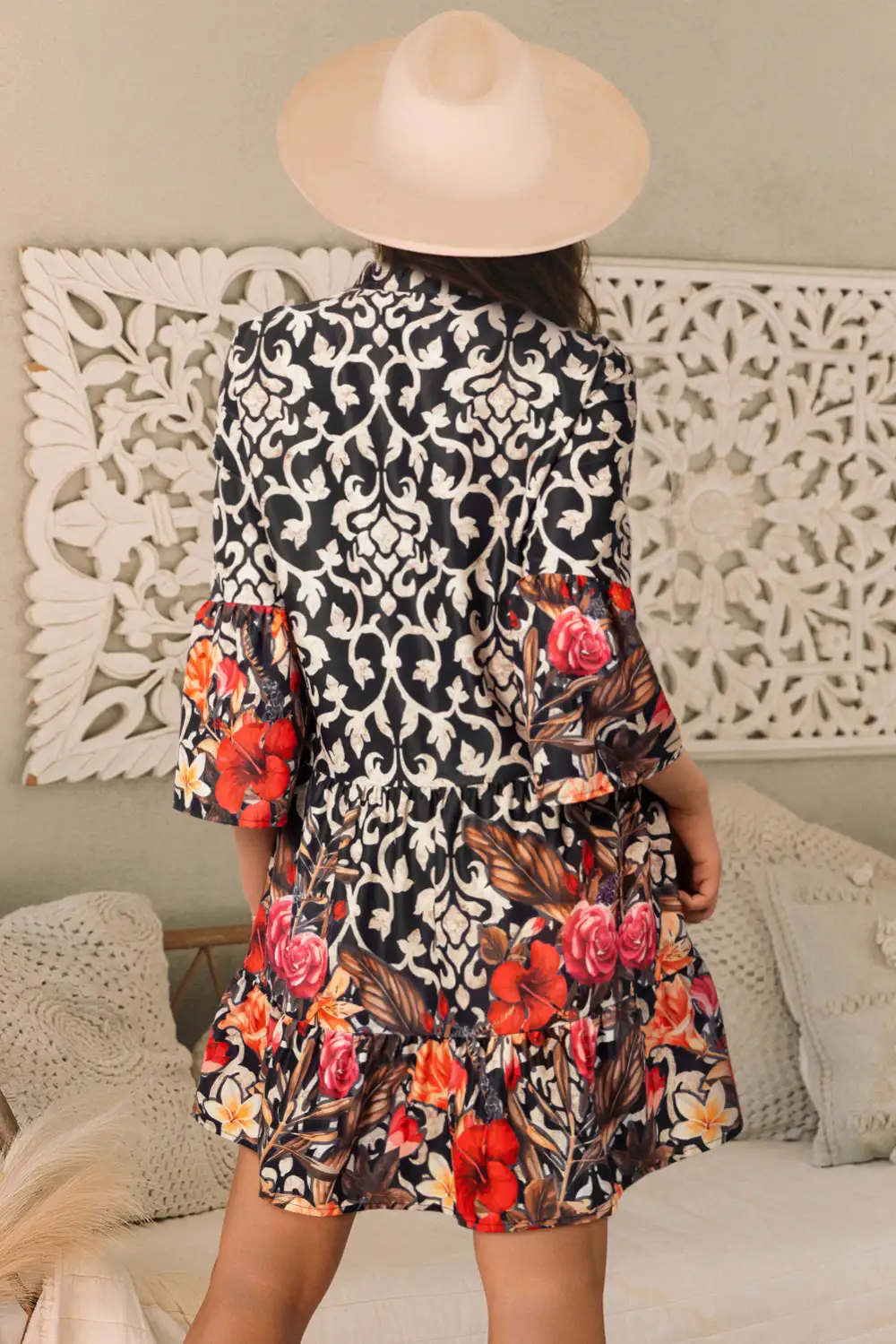 Retro Floral Mixed Print Split Neck A Line Dress
