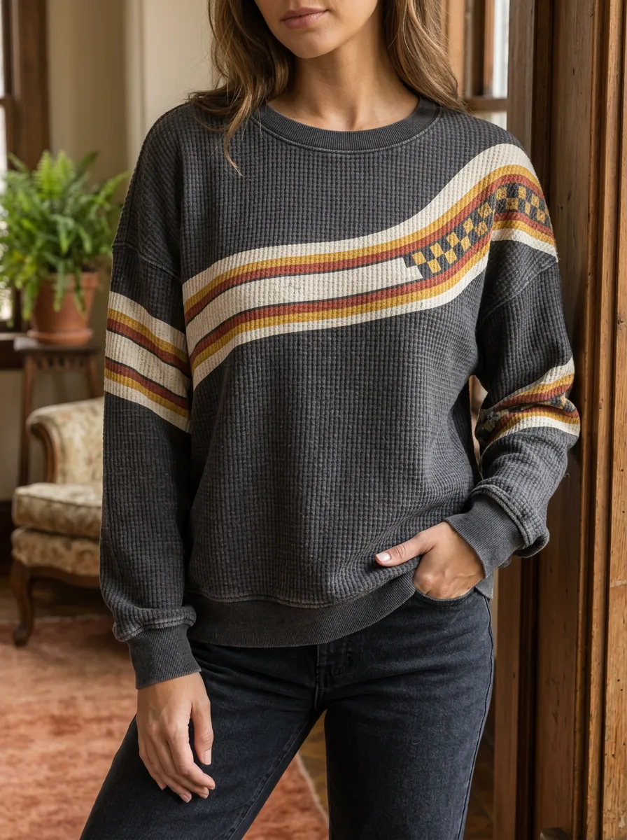 Women's Retro Striped Checkerboard Printed Waffle Knit Crewneck Sweatshirt