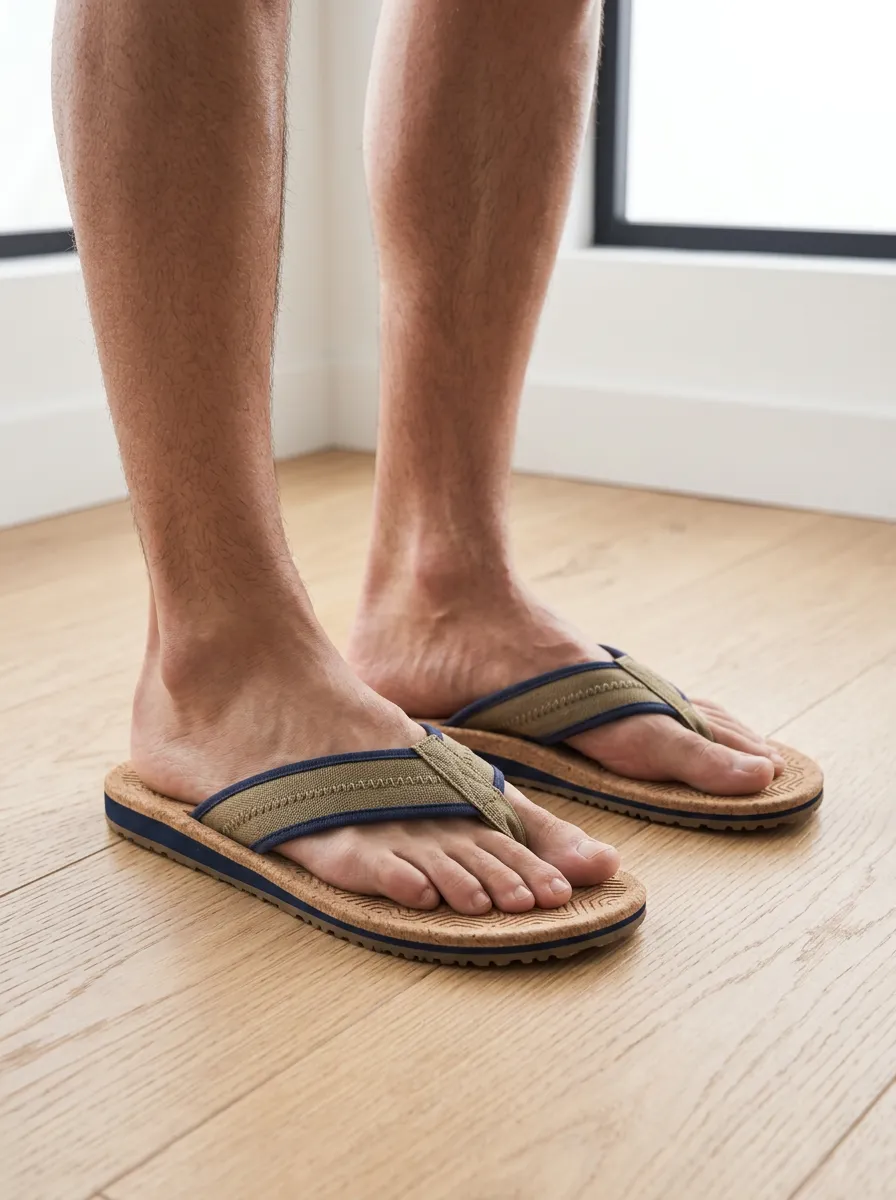 Men's Casual Beachwear Olive Canvas Strap Cork Printed Flip Flops