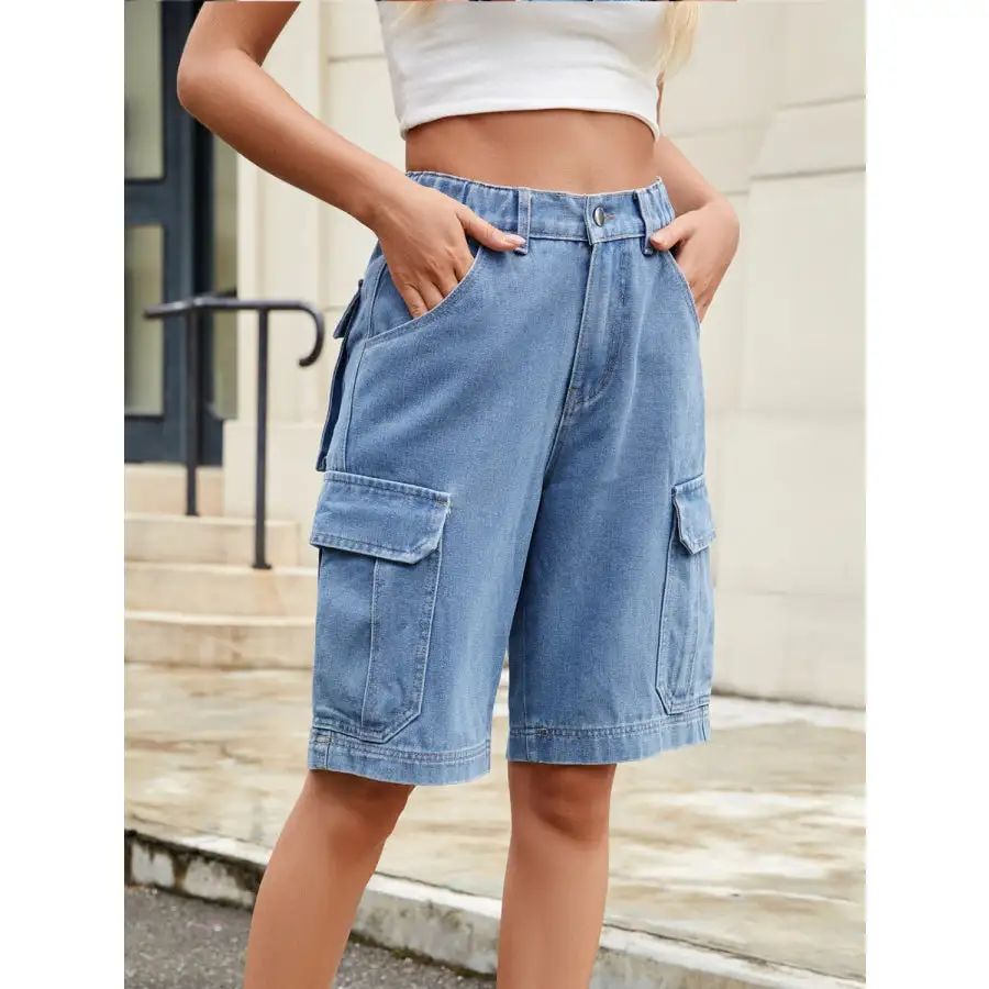 Casual High Waist Pocketed Denim Shorts